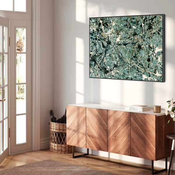 Living Room Framed Canvas - Jackson Pollock Style - Sage Green