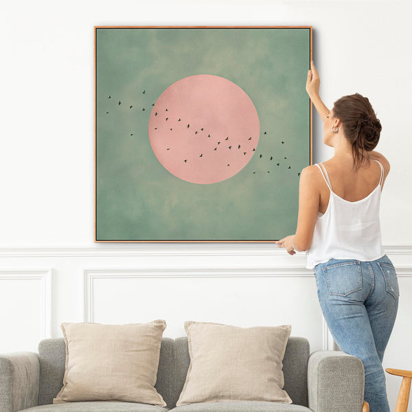 Framed Sage Green Pink Japandi Canvas Wall Art Moon Birds