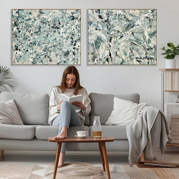 Pair Framed Canvases Sage Green Set 2 Jackson Pollock Inspired