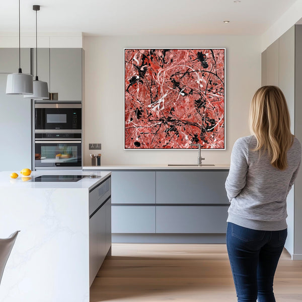 Large Salmon Red Pink Framed Canvas Art Jackson Pollock Style