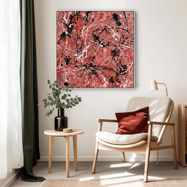 Large Salmon Red Pink Framed Canvas Art Jackson Pollock Style