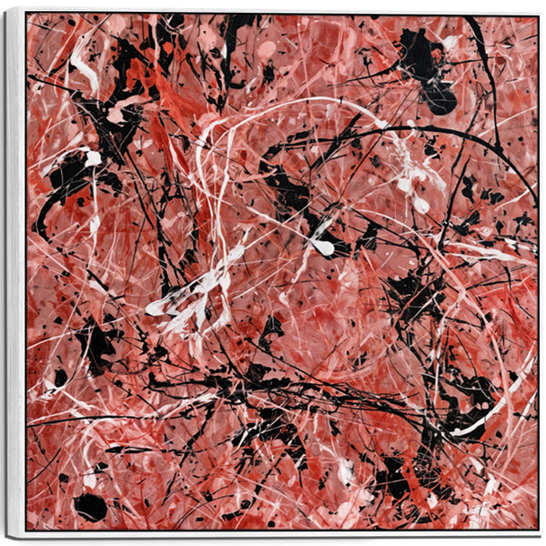 Large Salmon Red Pink Framed Canvas Art Jackson Pollock Style