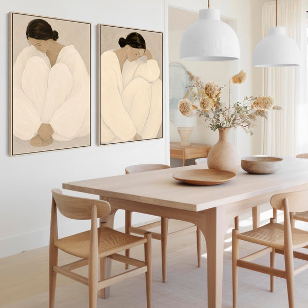 Pair of Framed Bedroom Art - Serene Silence - Neutral Beige - Set of 2