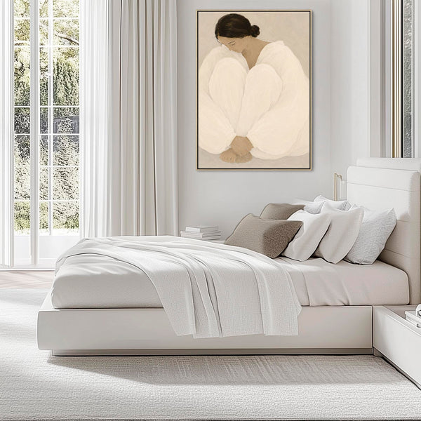 Framed Bedroom Wall Art - Serene Woman 1 - Neutral Beige