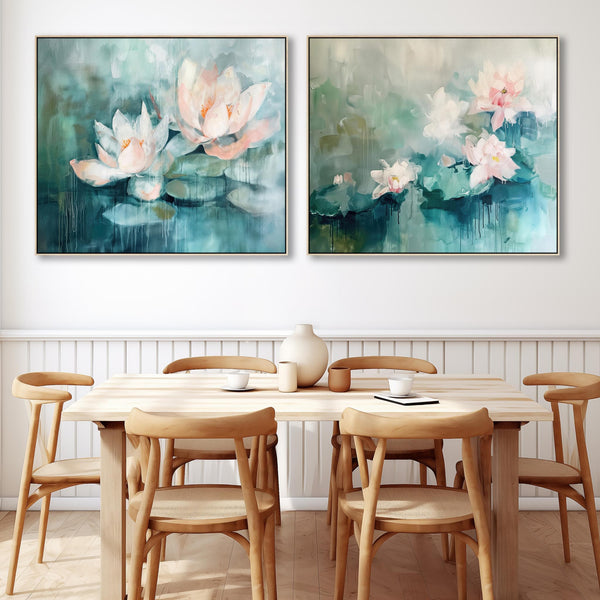 Extra Large Pair Framed Canvas Art - Floral Set 2 Pink Green