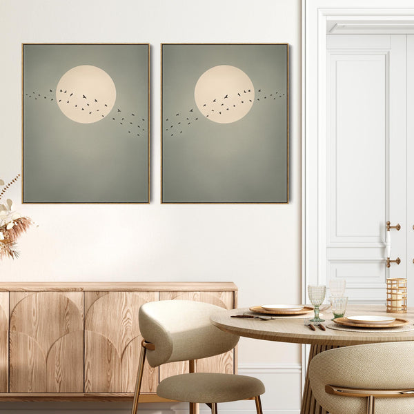 Framed Set of 2 Canvas Artwork Japandi Moon Birds - Migration