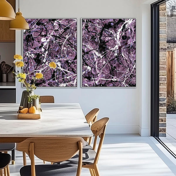 Plum Lilac White Framed Pair 2 Canvases - Jackson Polloc Style