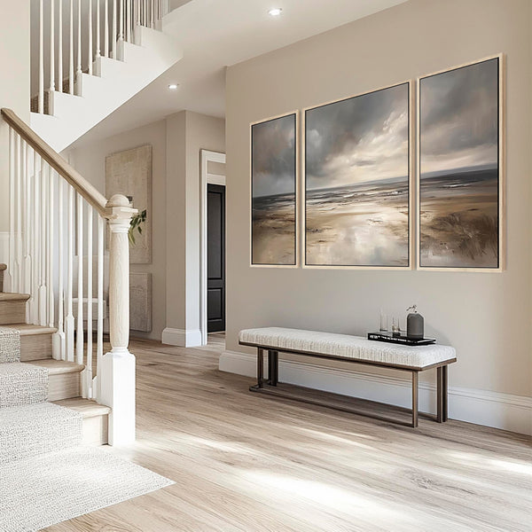 Extra Large Grey Neutral Set of 3 Framed Canvas Abstract - Dream Horizon