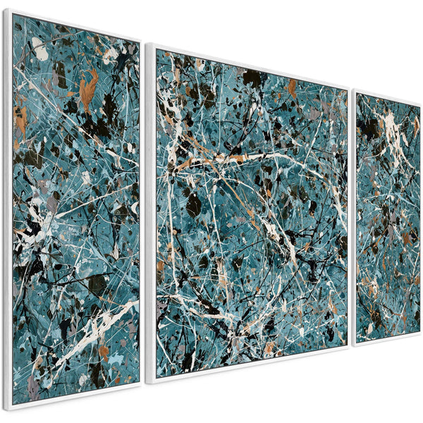 Set of 3 Teal Jackson Pollock Inspired Abstract Framed Canvas