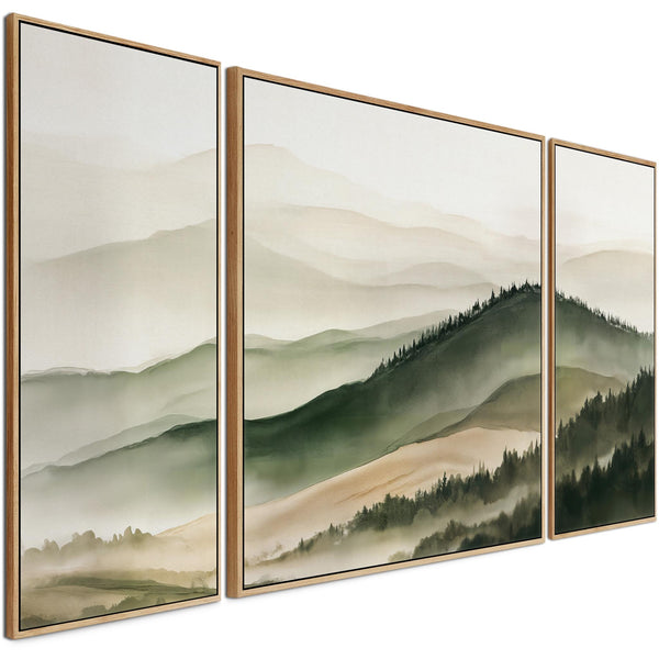 Extra Large Set 3 Framed Canvases Highland Green Misty Forest