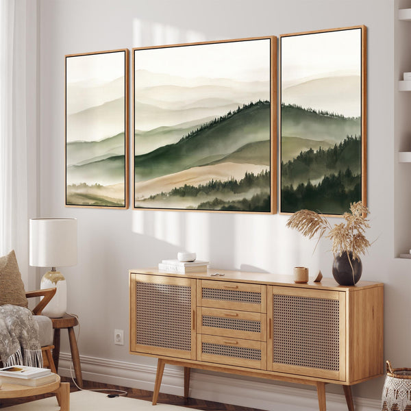 Extra Large Set 3 Framed Canvases Highland Green Misty Forest