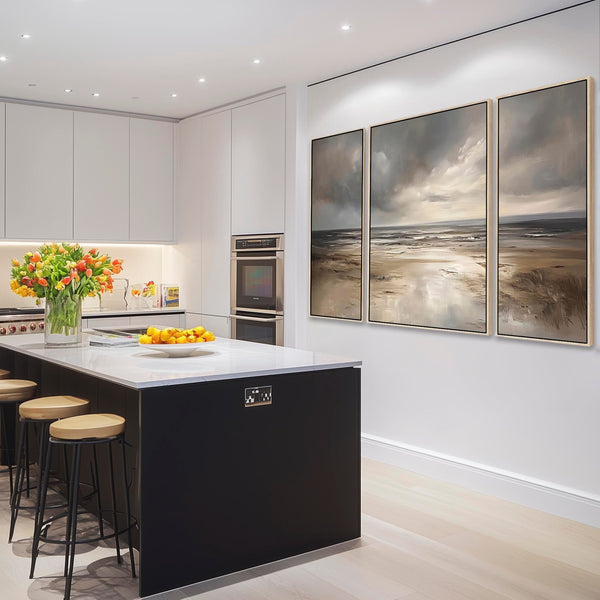 Extra Large Grey Neutral Set of 3 Framed Canvas Abstract - Dream Horizon