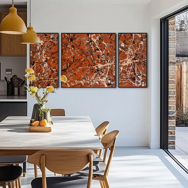Extra Large Jackson Pollock Style Set 3 Framed Canvases - Rust
