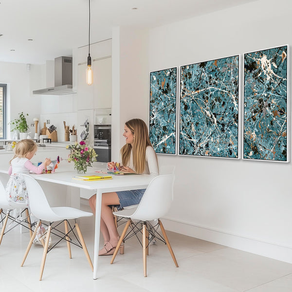Set of 3 Teal Jackson Pollock Inspired Abstract Framed Canvas