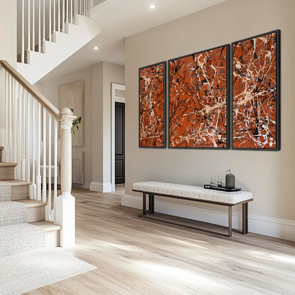 Extra Large Jackson Pollock Style Set 3 Framed Canvases - Rust