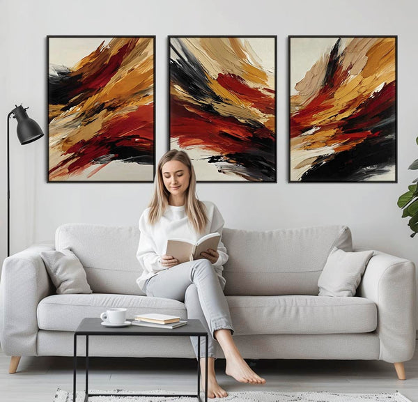 Rust Red Mustard Set of 3 Abstract Framed Canvas - Fiery Strokes