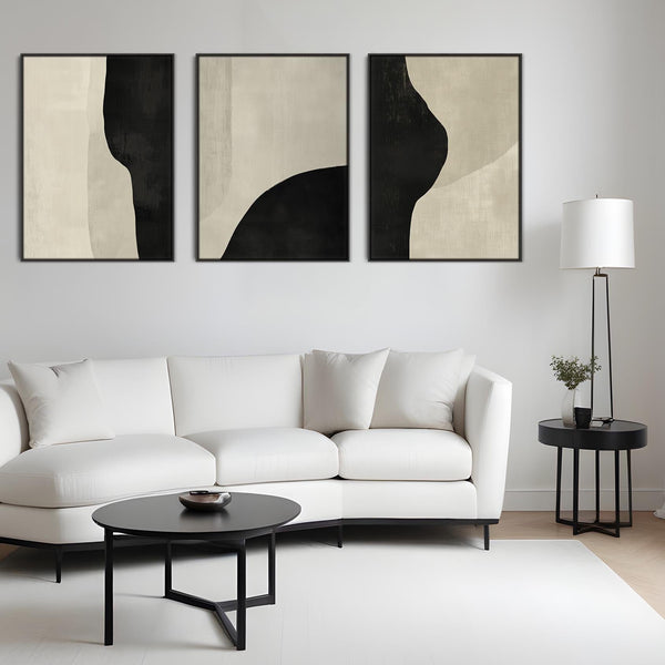 Set of 3 Framed Abstract Prints on Canvas Neutral Cream Black Trio Artwork