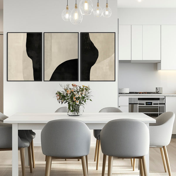 Set of 3 Framed Abstract Prints on Canvas Neutral Cream Black Trio Artwork