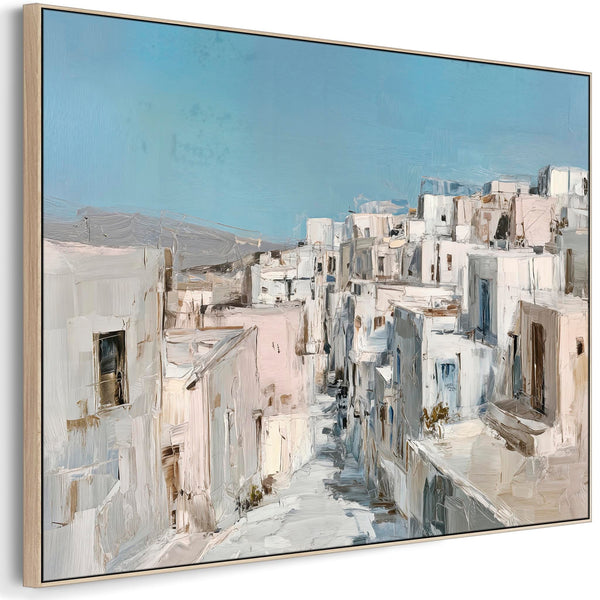 Framed Greek Island Canvas Wall Art - Soft Blue Neutral Artwork