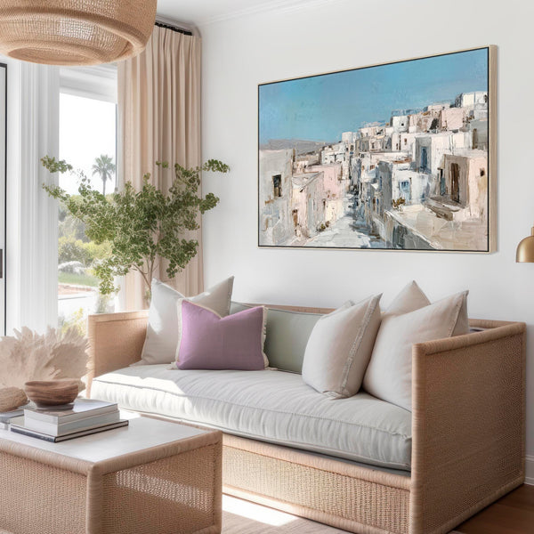 Framed Greek Island Canvas Wall Art - Soft Blue Neutral Artwork