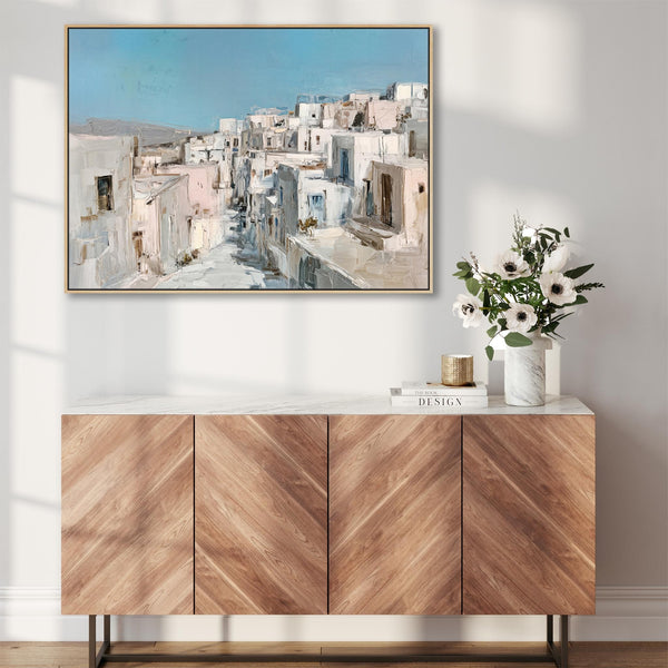 Framed Greek Island Canvas Wall Art - Soft Blue Neutral Artwork