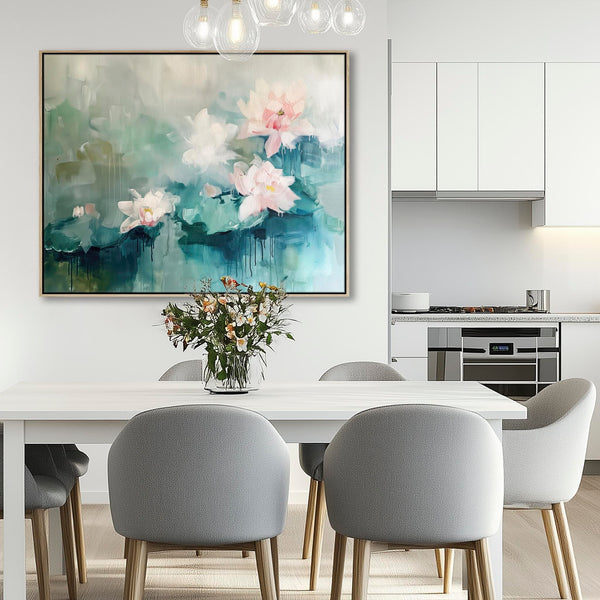Large Framed Living Room Canvas Art - Lillies Soft Pink Green