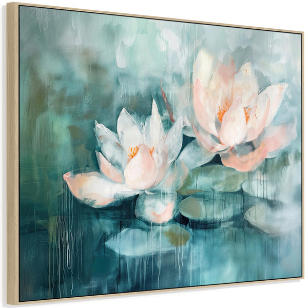 Extra Large Soft Pink Green Framed Floral Canvas Art - Lillies