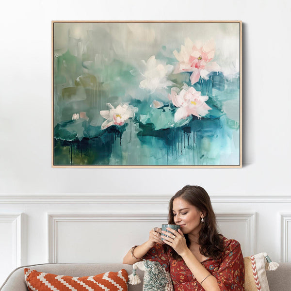 Large Framed Living Room Canvas Art - Lillies Soft Pink Green