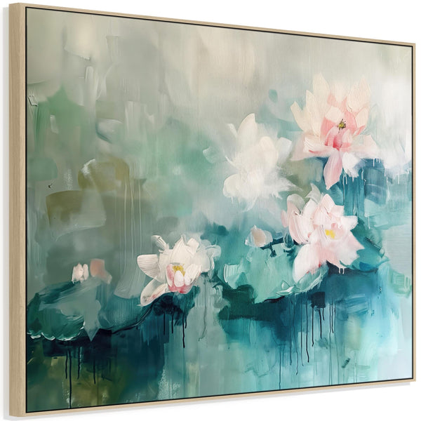 Large Framed Living Room Canvas Art - Lillies Soft Pink Green