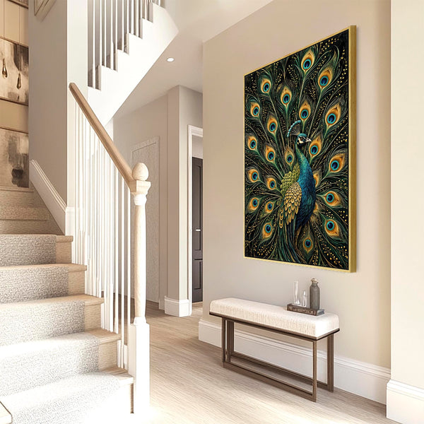 Splendid - Teal & Gold Peacock - Maximalist Framed Wall Canvas