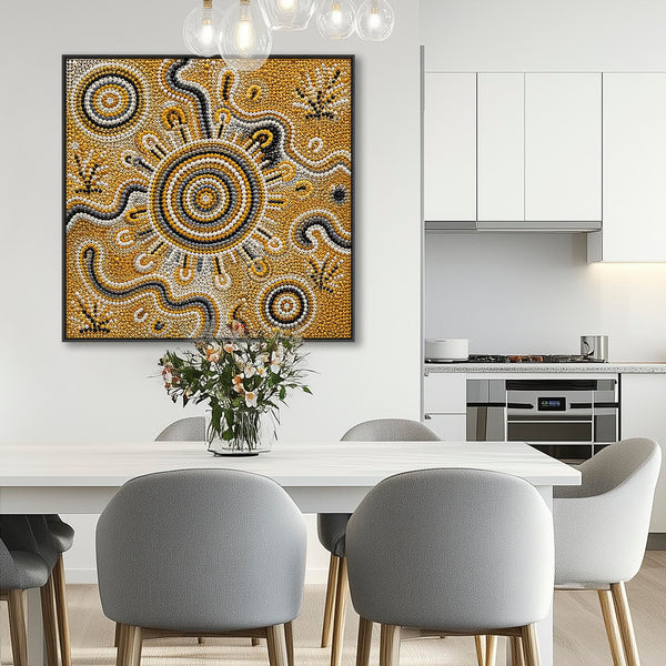 Mustard Yellow Abstract Framed Aboriginal Canvas Artwork - Biralla