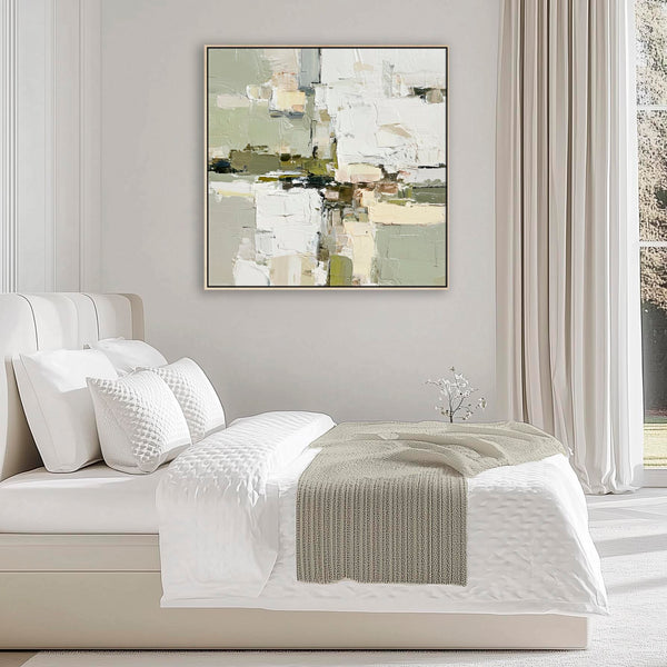 Abstract Green White Painting - 2 - Framed Contemporary Canvas Art Print