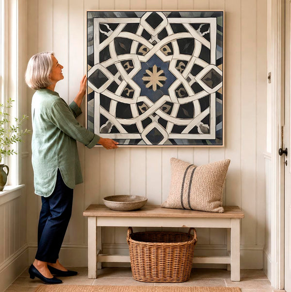 Black Cream Abstract Geometric Framed Wall Art Canvas - Medina