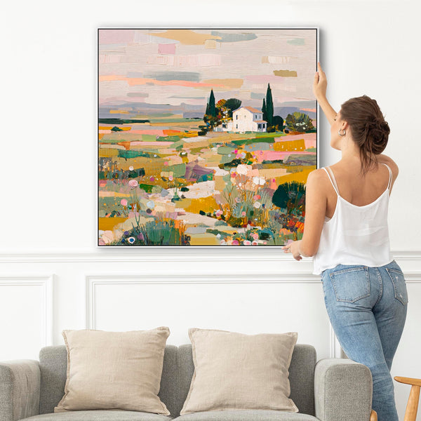 Wide Colourful Abstract Landscape Tuscany Framed Panoramic Wall Canvas
