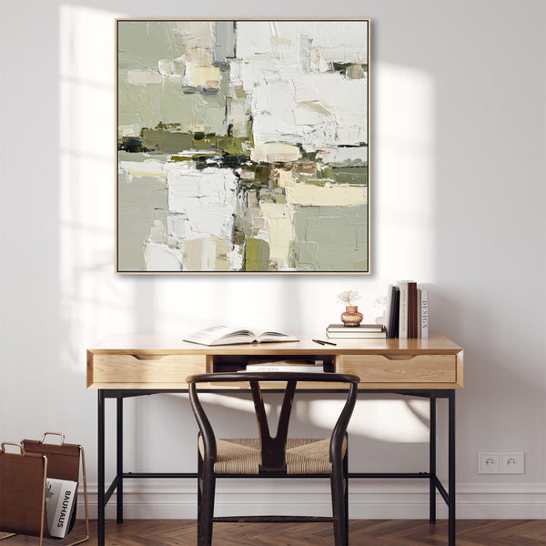 Abstract Green White Painting - 2 - Framed Contemporary Canvas Art Print