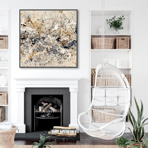 Large Living Room Framed Canvas Neutral Cream Black Lounge Art