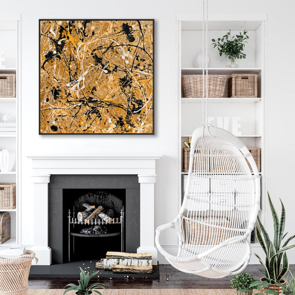 Large Square Jackson Pollock Style - Framed Mustard Wall Art