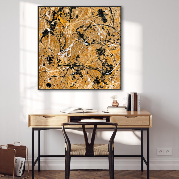 Large Square Jackson Pollock Style - Framed Mustard Wall Art