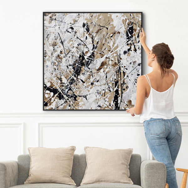 Cream Black Jackson Pollock Style Abstract Artwork Framed Neutral Impact