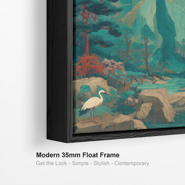 Japanese Framed Canvas Artwork - Terracotta Teal Sunrise Mountain