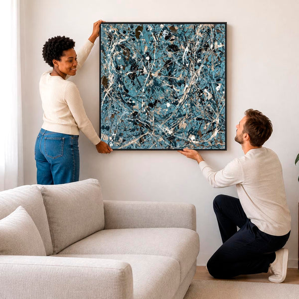 Large Square Teal Cream Abstract Framed Wall Canvas - Elation