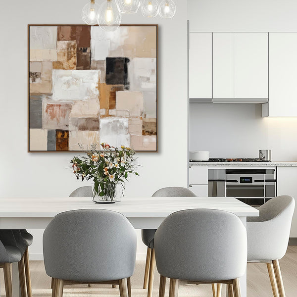 Warm Beige Cream Square Abstract Wall Art Framed - Calm Balance