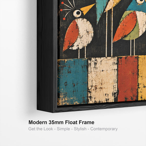 Large Colourful Unique Framed Canvas - Whimsical Birds on Wire
