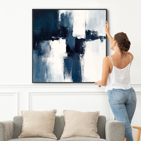 Blue White Abstract Artwork Framed Square XL - Midnight Axis