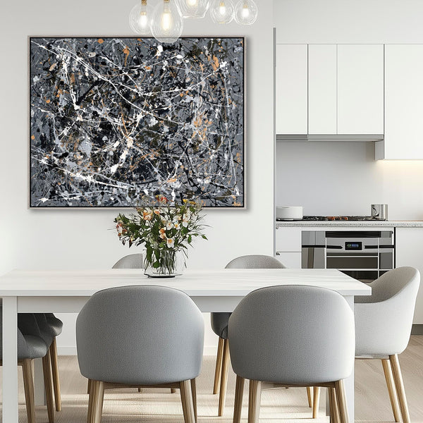 Steel Grey Jackson Pollock Style Framed Canvas Artwork - Storm