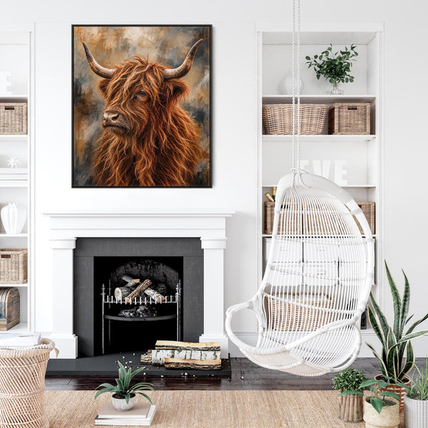 Struan - Brown & Cream Highland Cow - Framed Wall Art Canvas