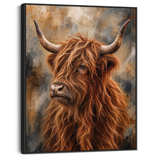 Struan - Brown & Cream Highland Cow - Framed Wall Art Canvas