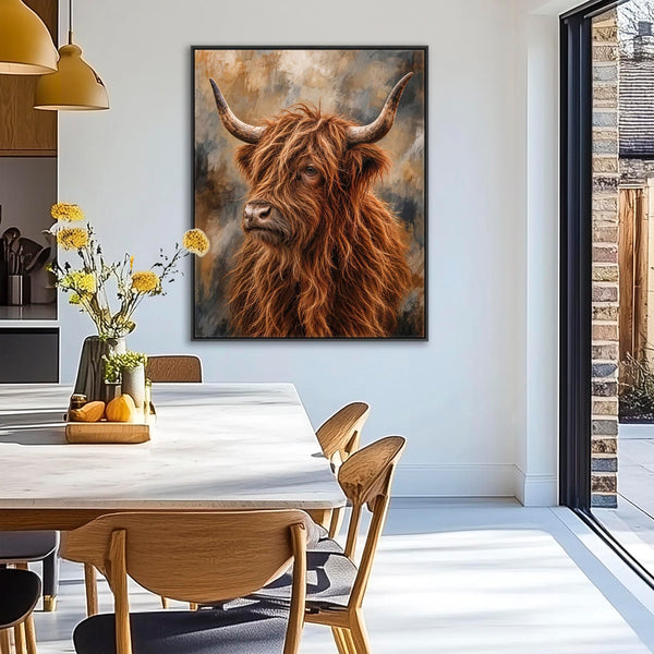 Struan - Brown & Cream Highland Cow - Framed Wall Art Canvas