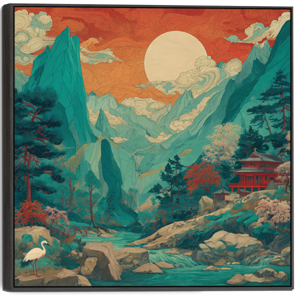 Japanese Framed Canvas Artwork - Terracotta Teal Sunrise Mountain