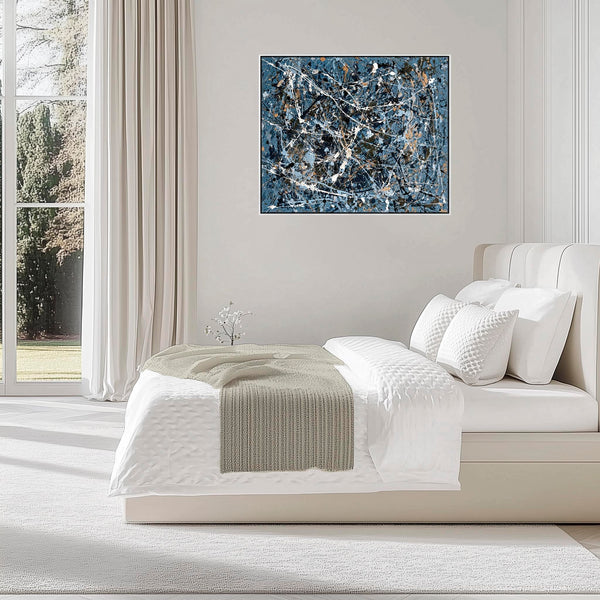 Teal Blue Abstract Framed Canvas Picture Jackson Pollock Style